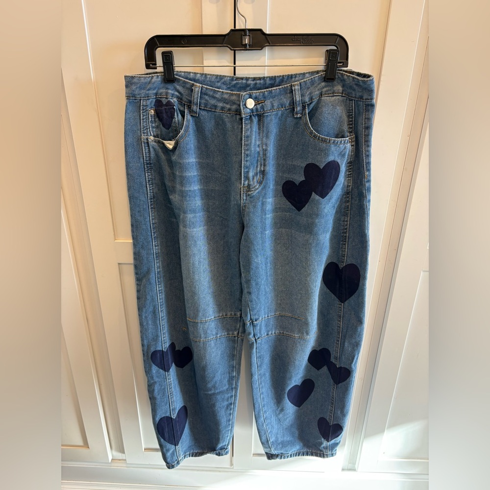 Valentines Blue Heart Women’s Barrel Denim Jeans Baggy Y2K no tag size large